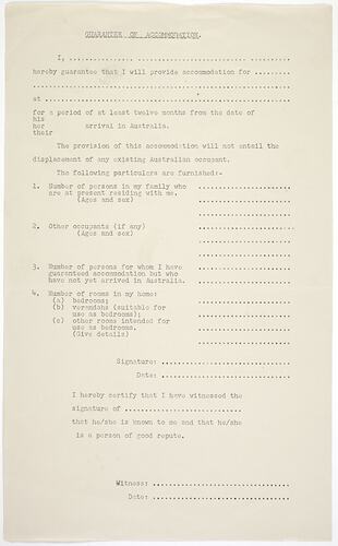 Leaflet - Department of Immigration, Guarantee of Accommodation, circa 1949