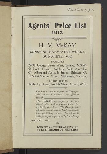 Price List - H.V. McKay, Australia Wide, 1913