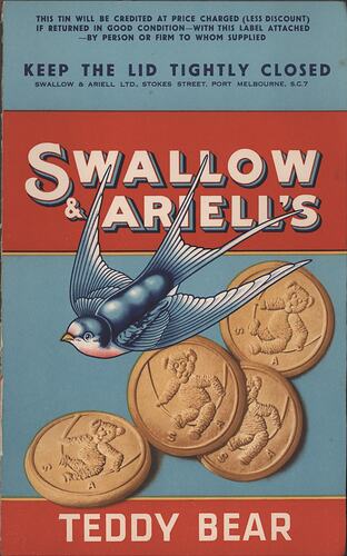 Tin Labels, Swallow & Ariell Ltd, Teddy Bear Biscuits, 1940s