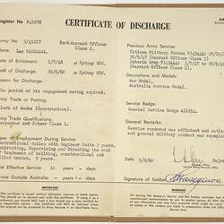 Certificate of Discharge - Issued to Leo Hasegawa,  Australian Armed Forces