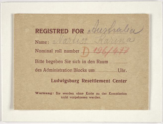 Registration Card - Issued to Karina Nartiss, Ludwigsburg Resettlement Centre, circa 1948-1949