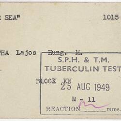 Card - Tuberculosis Test, Issued to Loy Bartha, 25 Aug 1949