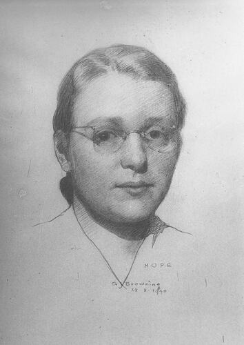 Photograph - Sketch of Hope Macpherson by G.J. Browning, photographer Hope Macpherson, 1940