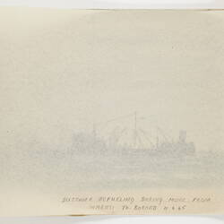 Open book page, with tracing paper above faint outlines of drawing of a Navy ship below.