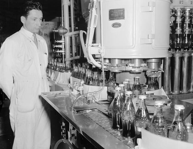 Coca-Cola, Worker in Factory, Moorabbin, Victoria, Aug 1954