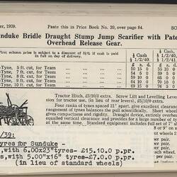 Open booklet, white pages with black printing. Image of harvester.