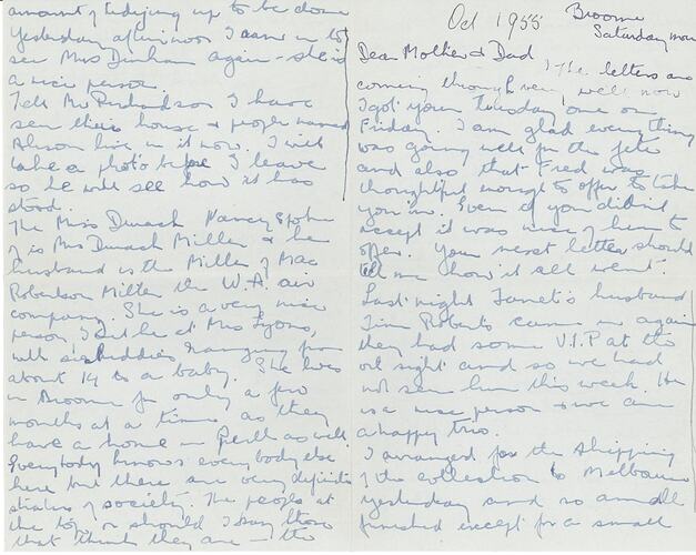 Letter - From Hope Macpherson to Parents while in Broome Packing the Bardwell Collection, WA. Oct 1955