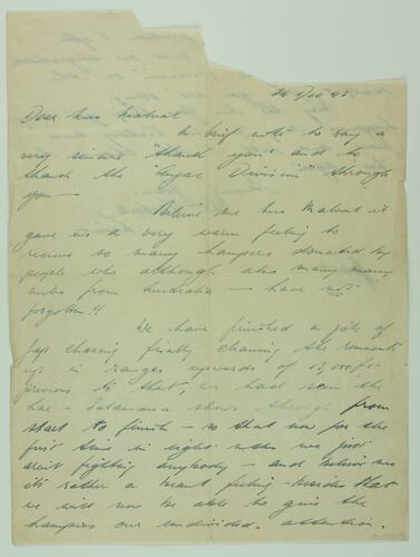 Letter - Lieut. Pat Harbale, to Margaret Malval, Thank You, 24 Dec 1943