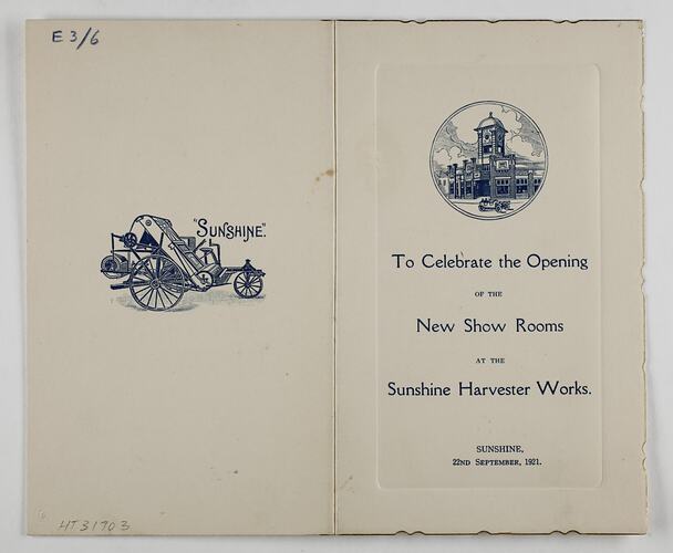 Program - Opening of New Showrooms at the Sunshine Harvester Works, 22 Sep 1921