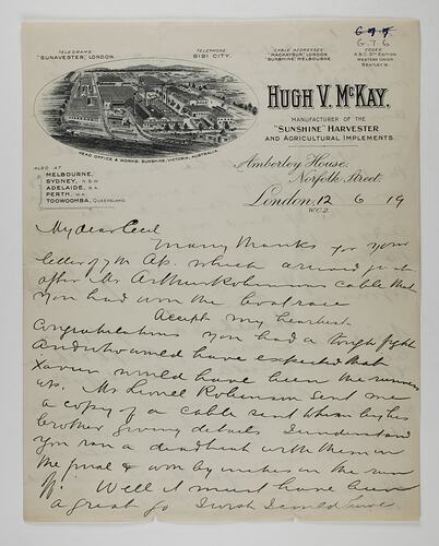 Letter - H. V. McKay, to Cecil McKay, General News from London, 12 Jun 1919