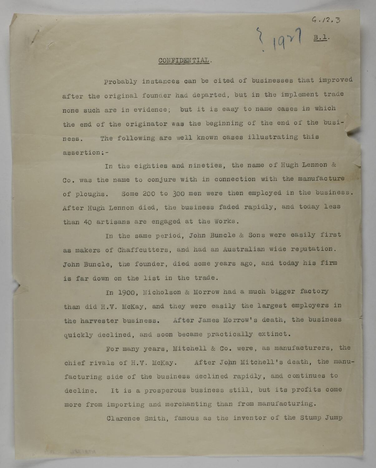 Manuscript - Development of Agricultural Implement Businesses, circa 1927