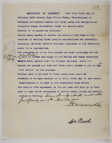 Memorandum of Agreement - H. V. McKay & George Brook, 1 Feb 1902