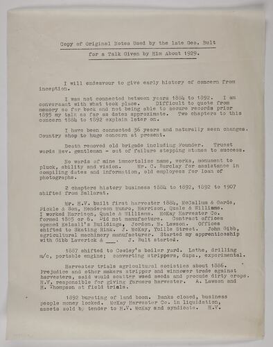Copy of Notes - Speech by George Bult, circa 1929