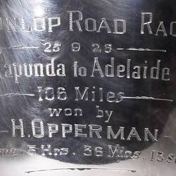 Cup Trophy - Hubert Opperman, Dunlop Road Race, Kapunda to Adelaide, 1926