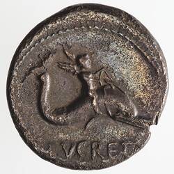 Round coin, aged, winged figure of boy riding dolphin, holding reins.