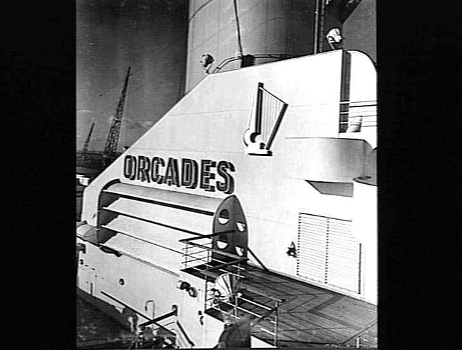 Ship funnel and name, Orcades.
