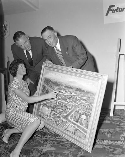 People with 'Futurama Village' Painting, Melbourne, Victoria, Oct 1958