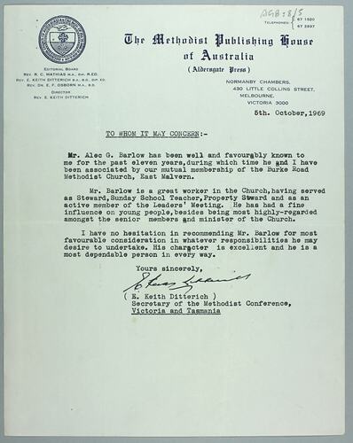 Reference - Mr A Barlow from The Methodist Publishing House of Australia, 5 Oct 1969, Melbourne.
