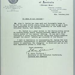 Reference - Mr A Barlow from The Methodist Publishing House of Australia, Melbourne, 5 Oct 1969