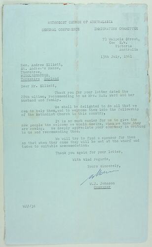 Aerogramme - To Rev Andrew Elliott from Methodist Church Immigration Committee, Kew, 13 Jul 1961