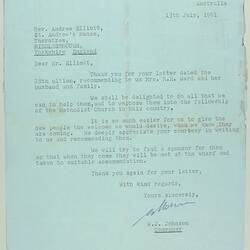 Aerogramme - To Rev Andrew Elliott from Methodist Church Immigration Committee, Kew, 13 Jul 1961