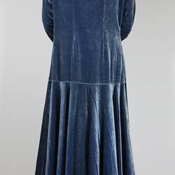 Back view dress of pale blue cotton velvet.