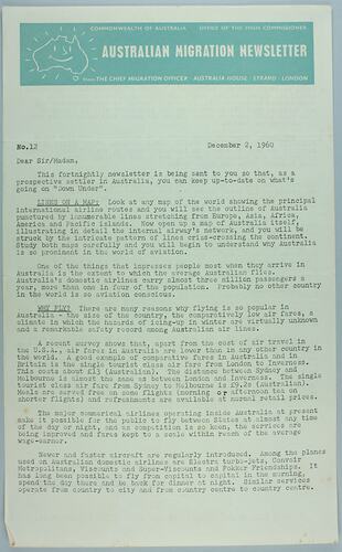 Newsletter - 'Australian Migration Newsletter', 2 Dec 1960