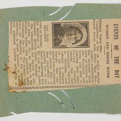 Newspaper clipping with printed text and black and white photograph of a woman.