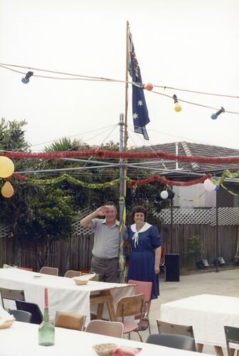 Digital Photograph - John & Barbara Woods with Australian Flag, 25th Anniversary Party, Lalor, 1982