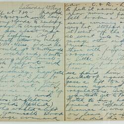 Open book, 2 cream pages dated Saturday 10 Aug. Cursive handwritten text in blue ink. Page 58 and 59.