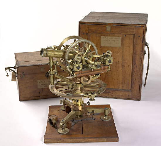 Brass theodolite and timber boxes