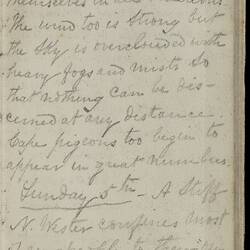 Open diary with handwritten text on discoloured worn page.