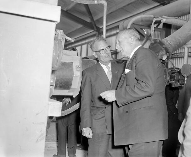 Reid's Lightweight Aggregate, Sir Dallas Brooks Looking at Machinery, Greensborough, Victoria, 23 Oct 1959