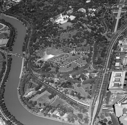 Monochrome aerial photograph of Melbourne.