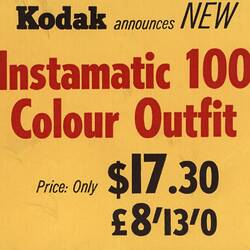 Price Ticket - Kodak Australasia Pty Ltd, 'Instamatic 100 Colour Outfit', 1963-1966