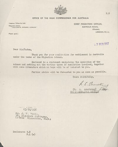 Letter - British Assisted Passage Scheme, John & Barbara Woods, Australia House, London, 7 Feb 1957