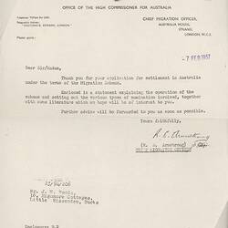 Letter - British Assisted Passage Scheme, John & Barbara Woods, Australia House, London, 7 Feb 1957