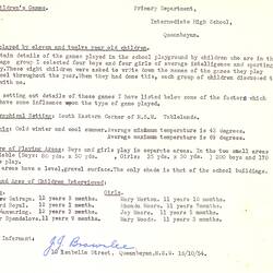Document - J. J. Brownlee, to Dorothy Howard, Description of Children's Games, 16 Oct 1954