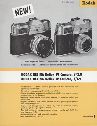 Flyer with printed text and photograph of cameras.