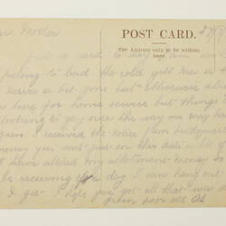 Back of postcard with printed and hand-written text.