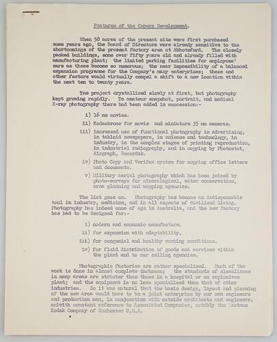 Research Notes - 'Features of the Coburg Development'. Kodak (Australasia) Pty Ltd, History of Kodak (Australasia) Pty Ltd, Coburg, circa 1960s. Page 1/5