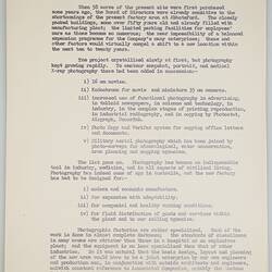 Research Notes - 'Features of the Coburg Development'. Kodak (Australasia) Pty Ltd, History of Kodak (Australasia) Pty Ltd, Coburg, circa 1960s. Page 1/5
