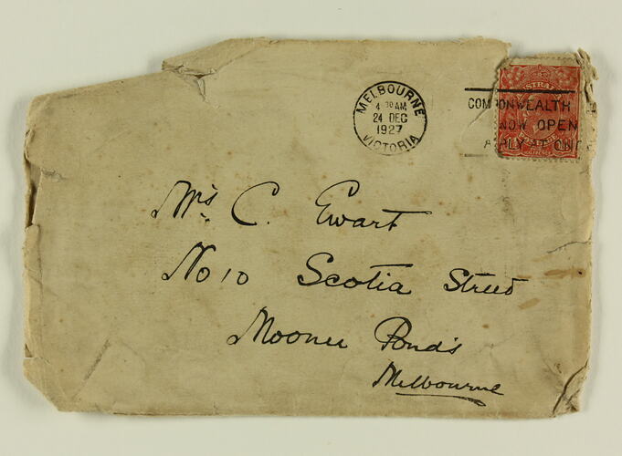 Front of envelope with handwriting and stamp.