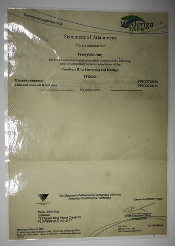Certificate - Wodonga TAFE, 'Certificate III in Harvesting and Haulage', Peter Auty, Flowerdale, 29 Aug 2008