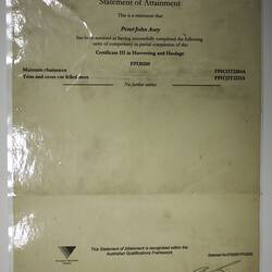 Certificate - Wodonga TAFE, 'Certificate III in Harvesting & Haulage', Peter Auty, Flowerdale, 29 Aug 2008