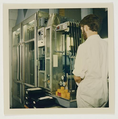 Slide 230, 'Extra Prints of Coburg Lecture', Worker With Film Dryer, Building 20, Kodak Factory, Coburg, circa 1960s