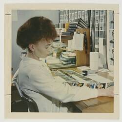 Slide 286, 'Extra Prints of Coburg Lecture', Worker Checking Kodachrome Prints, Building 20, Kodak Factory, Coburg, circa 1960s