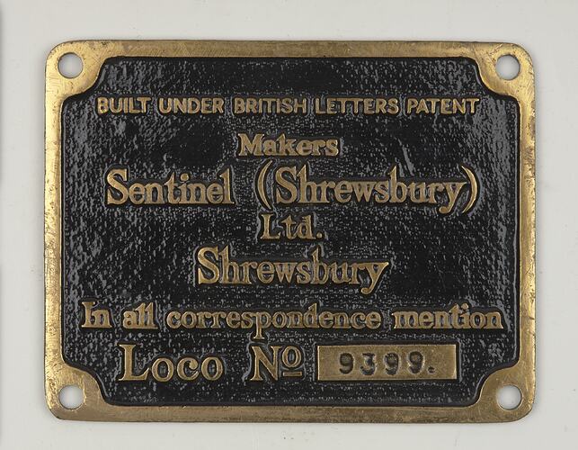 Locomotive Builders Plate - Sentinel (Shrewsbury)