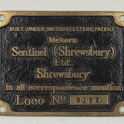 Locomotive Builders Plate - Sentinel (Shrewsbury) Ltd, Shrewsbury, England, circa 1948