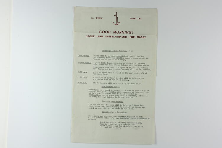 Events Program - 'Good Morning!'  R.M.S. Orion, 12 Jan 1956